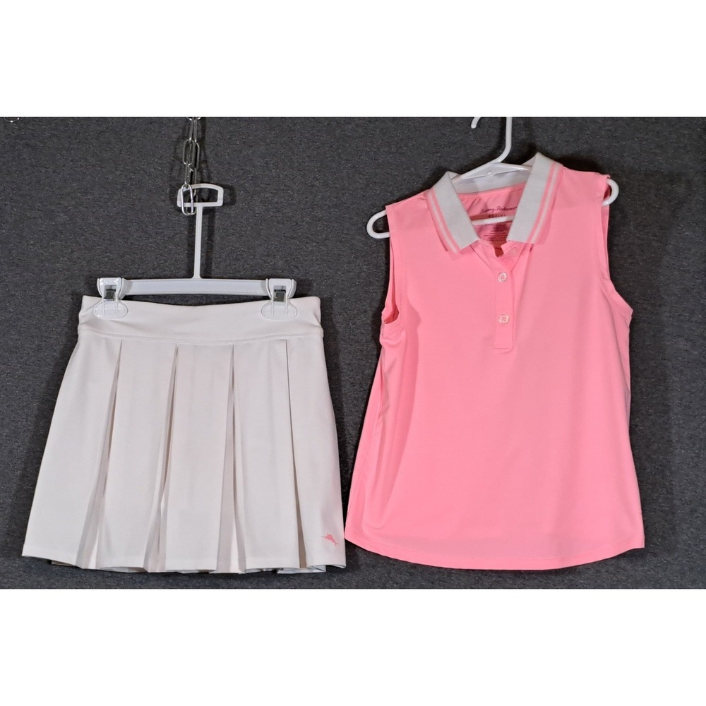 Tommy Bahama Active Girls Pink Sleeveless Polo and White Pleated Skort Set